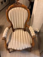 Antieke fauteuil met gestreepte bekleding, Gebruikt, Bruin, Ophalen of Verzenden, Eén