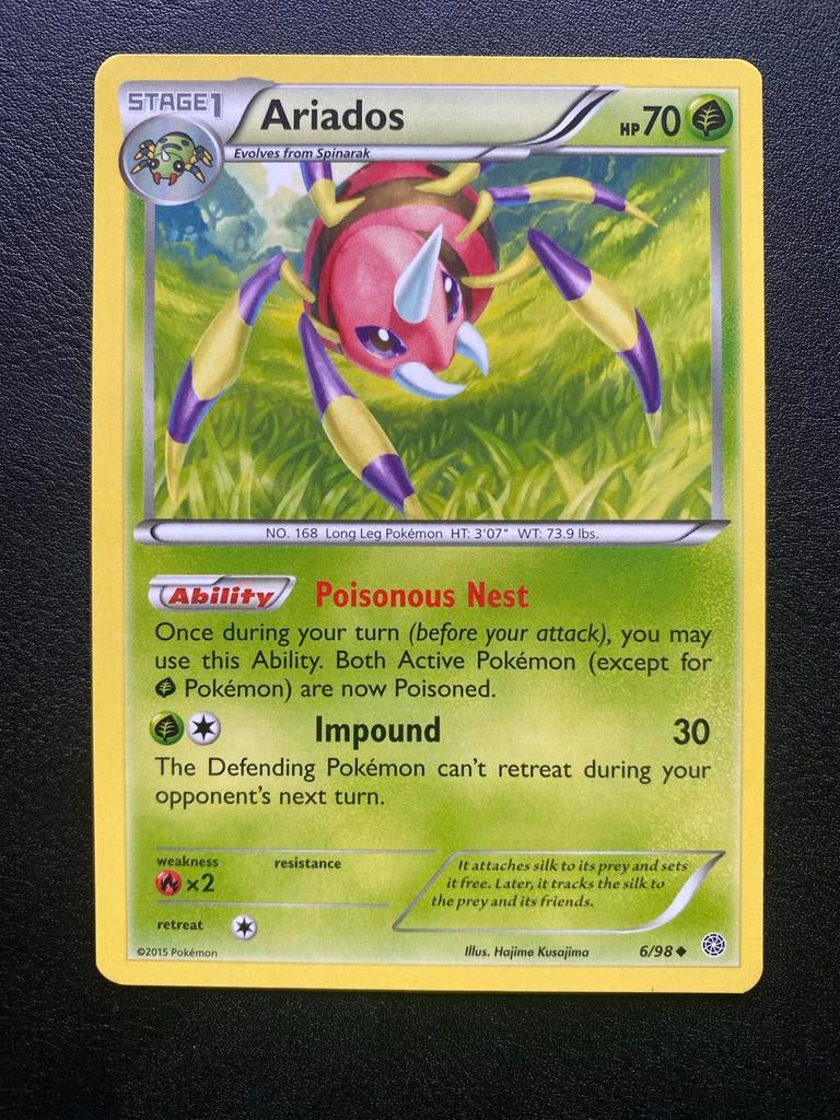Ariados 6/98 Pokémon XY Ancient Origins Packfresh Mint, Ophalen of Verzenden, Zo goed als nieuw, Losse kaart