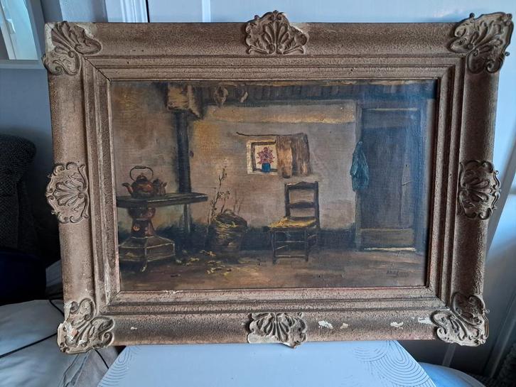 Oude Schilderij Interieur met Lijst, Antiek en Kunst, Kunst | Schilderijen | Klassiek, Ophalen of Verzenden