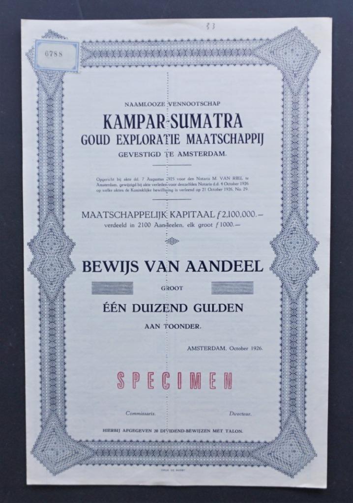 Kampar Sumatra Goud Exploratie Mij.- 1926, Postzegels en Munten, Aandelen en Waardepapieren, Aandeel, 1920 tot 1950, Verzenden