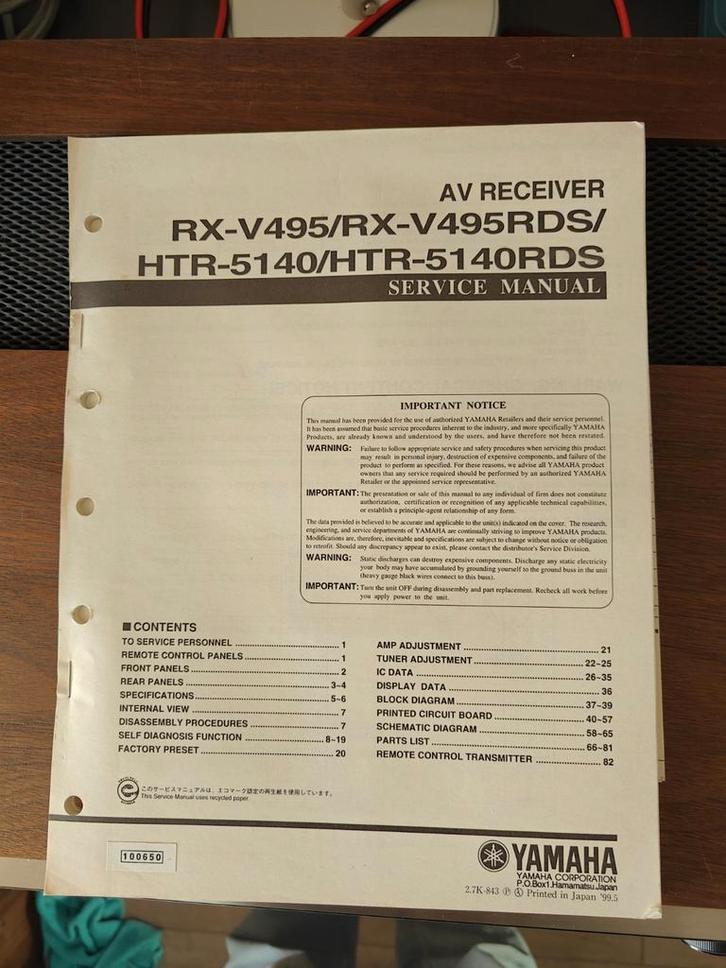 Yamaha RX-V495 Service Manual, Boeken, Catalogussen en Folders, Ophalen of Verzenden