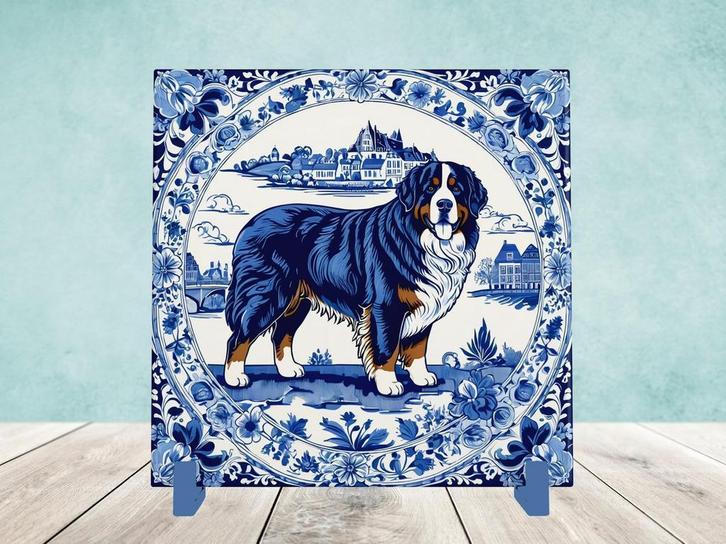 Berner sennenhond Delfts Blauwe tegel incl houder, Huis en Inrichting, Woonaccessoires | Overige, Nieuw, Ophalen of Verzenden