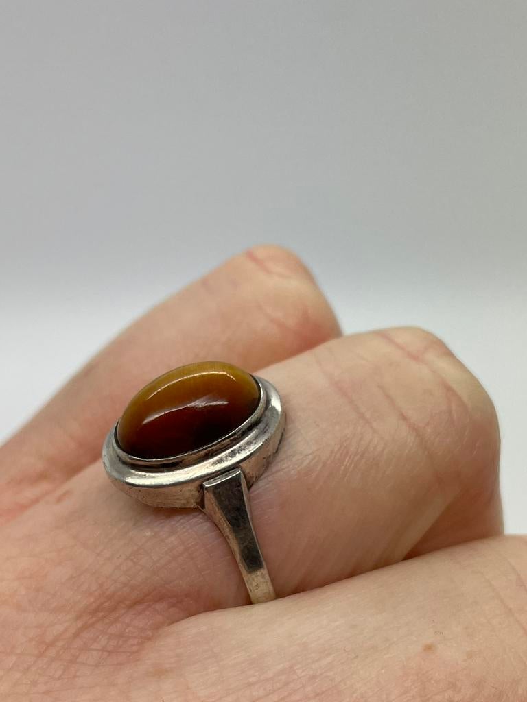 C306 Prachtige zilveren ring tijgeroog steen maat 18,5, Ophalen of Verzenden, Zilver, Ring, Met edelsteen