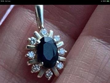 Vintage gouden Kettinghanger Saffier 8 Diamanten 18 k 750 beschikbaar voor biedingen