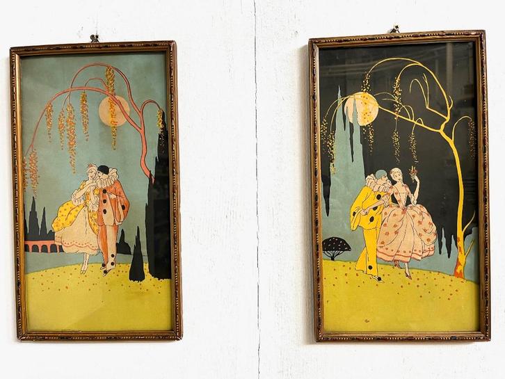 2 Franse Art Deco aquarellen met Pierrots uit de jaren 30, Antiek en Kunst, Kunst | Schilderijen | Klassiek, Ophalen of Verzenden