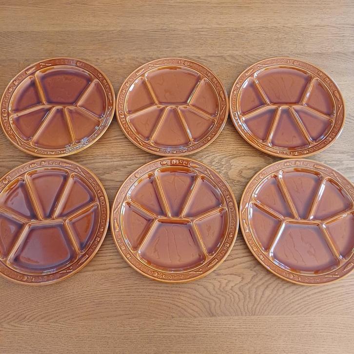 6 lichtbruine fondueborden, Gien France, Antiek en Kunst, Antiek | Keramiek en Aardewerk, Ophalen of Verzenden