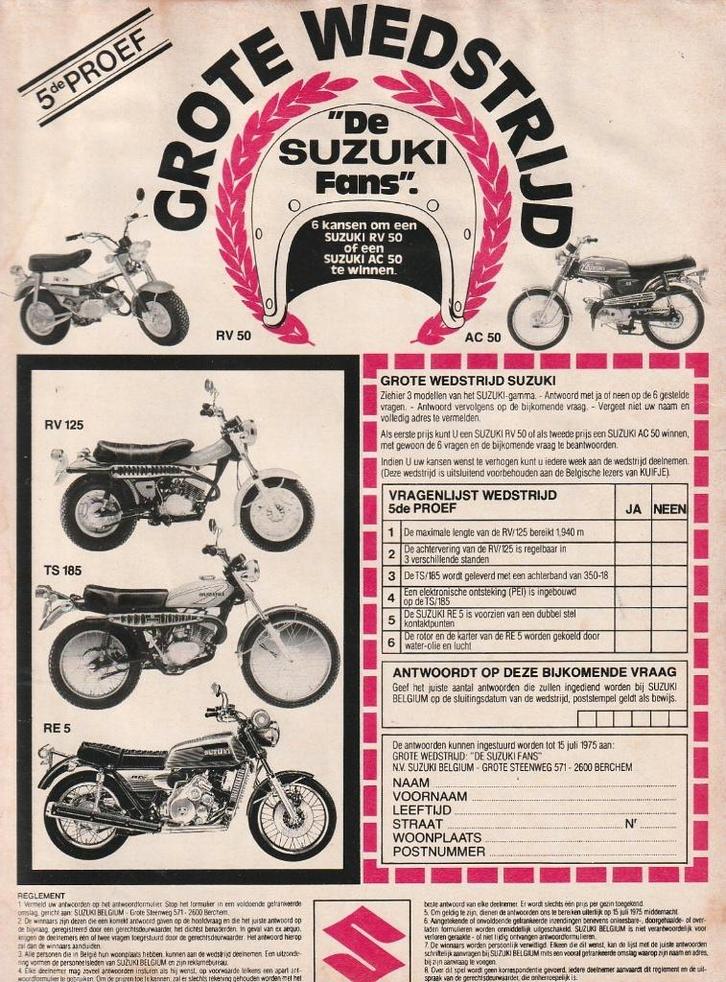 Retro reclame 1975 Suzuki brommer TS185 RE5 RV125 RV50, Verzamelen, Retro, Overige typen, Verzenden