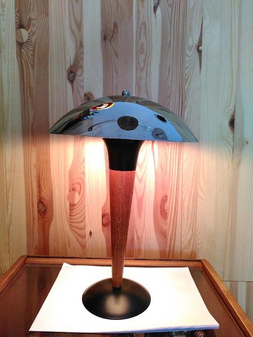 Vintage tafellamp Chroom Mushroom, Huis en Inrichting, Lampen | Tafellampen, Gebruikt, Minder dan 50 cm, Hout, Metaal, Ophalen of Verzenden