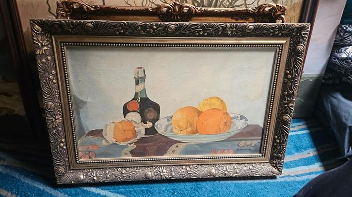 Schilderij Stilleven met Flessen en Fruit, 60x40 cm, Antiek en Kunst, Kunst | Schilderijen | Klassiek, Ophalen