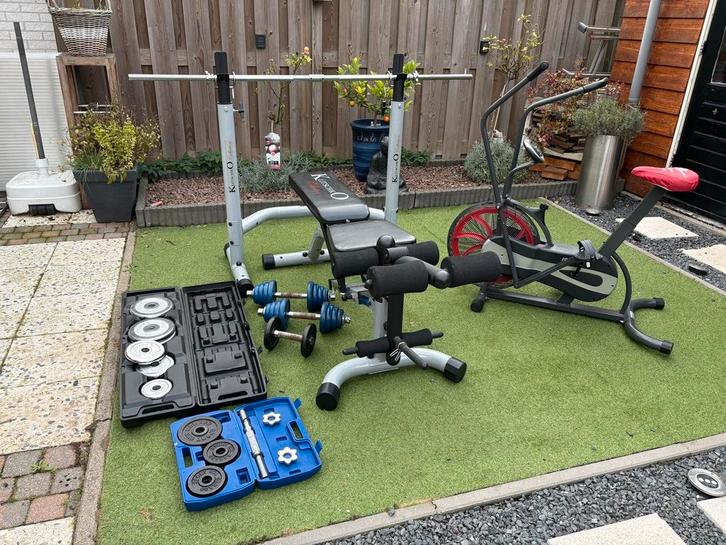 Halterbank, set & Airbike - Complete Fitness Set, Sport en Fitness, Fitnessapparatuur, Gebruikt, Airbike, Armen, Benen, Borst
