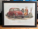 VW Kever Lithografie - Gesigneerd & Ingelijst, Antiek en Kunst, Kunst | Tekeningen en Foto's, Ophalen of Verzenden