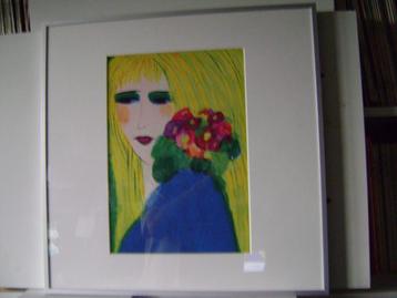 Mooi ingelijste poster van dame met bloemen 50x50cm beschikbaar voor biedingen