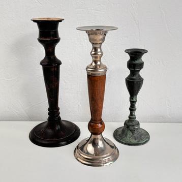 Set van 3 vintage en antieke kandelaren beschikbaar voor biedingen