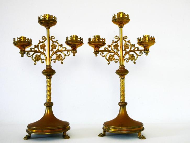 3 Armige kerkkandelaars kandelaars kandelaar neogotisch, Antiek en Kunst, Antiek | Kandelaars, Koper of Brons, Ophalen of Verzenden