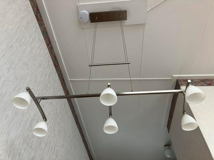RVS Hanglamp met 6 Melkglazen Kelkjes, Huis en Inrichting, Lampen | Hanglampen, Gebruikt, 75 cm of meer, Metaal, Ophalen of Verzenden