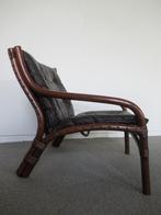 vintage safari stoel, fauteuil bamboe met leer, Gebruikt, Vintage, Hout, Ophalen