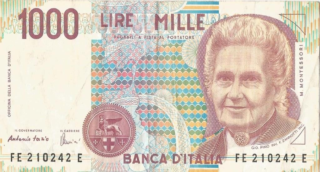 Italiaans bankbiljet – 1000 Lire (Montessori-editie), Postzegels en Munten, Bankbiljetten | Europa | Niet-Eurobiljetten, Ophalen of Verzenden