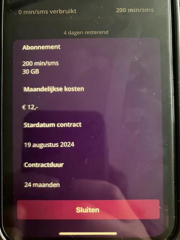 Simkaart Abonnement - 200 min/sms, 30GB (contractovername) beschikbaar voor biedingen