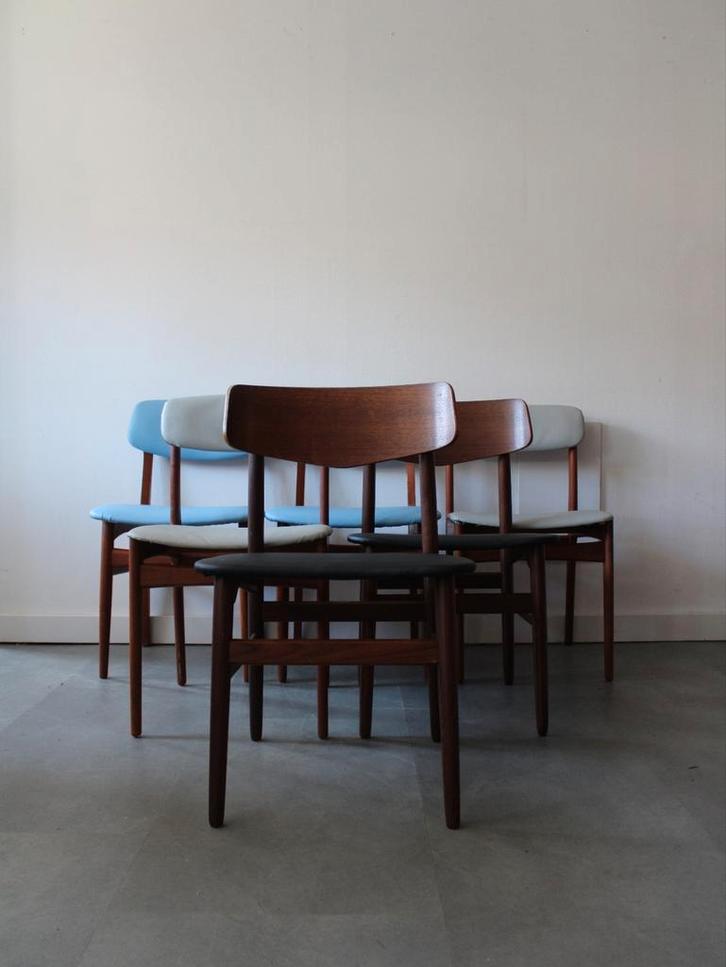 Vintage Deense eetkamerstoelen in teak (6), 3 sets van 2, Huis en Inrichting, Stoelen, Zo goed als nieuw, Vijf, Zes of meer stoelen