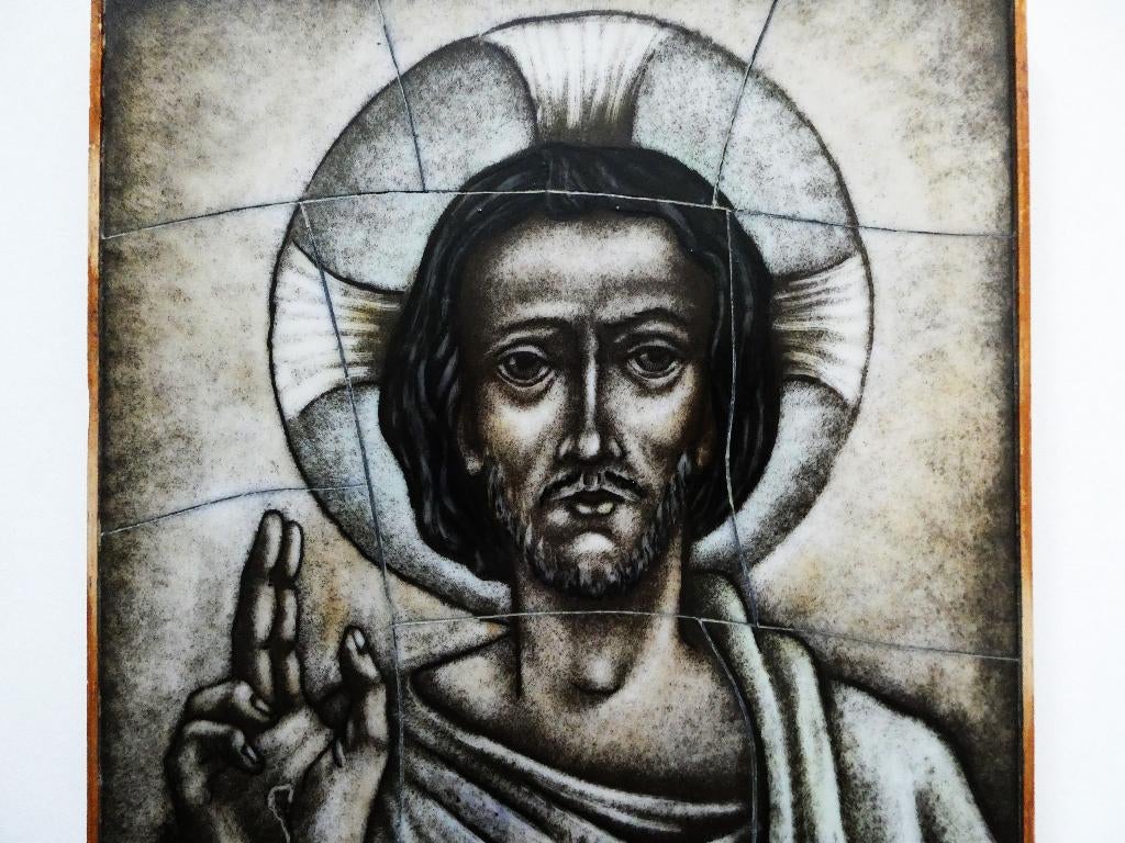 Opaline gebrandschilderd glazen icoon met Jezus Heilig Hart, Ophalen of Verzenden