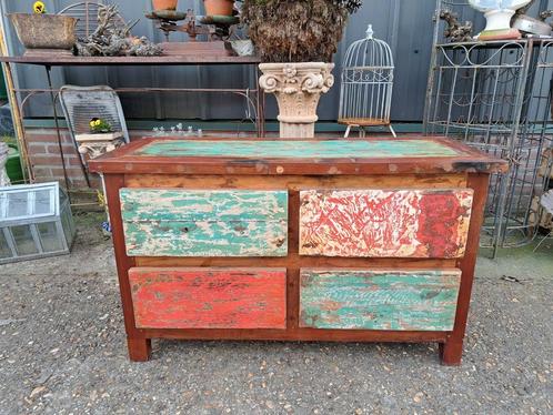 Kleurrijk tv meubel, sidetable, console gemaakt van sloophou, Huis en Inrichting, Kasten | Dressoirs, Zo goed als nieuw, 25 tot 50 cm