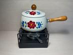 Vintage Emaille boerenbont fondue set met houten handsvat, Ophalen of Verzenden, Zo goed als nieuw, Brander, Fondueset