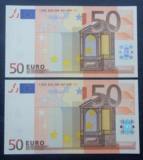 2x 50 euro 2002 nummers opv.printcode TO35E2, Postzegels en Munten, Bankbiljetten | Europa | Eurobiljetten, Setje, Overige landen