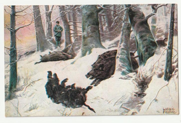 Jager jacht wilde zwijnen oude ansichtkaart, Verzamelen, Ansichtkaarten | Themakaarten, Gelopen, Voor 1920, Ambachten of Beroep