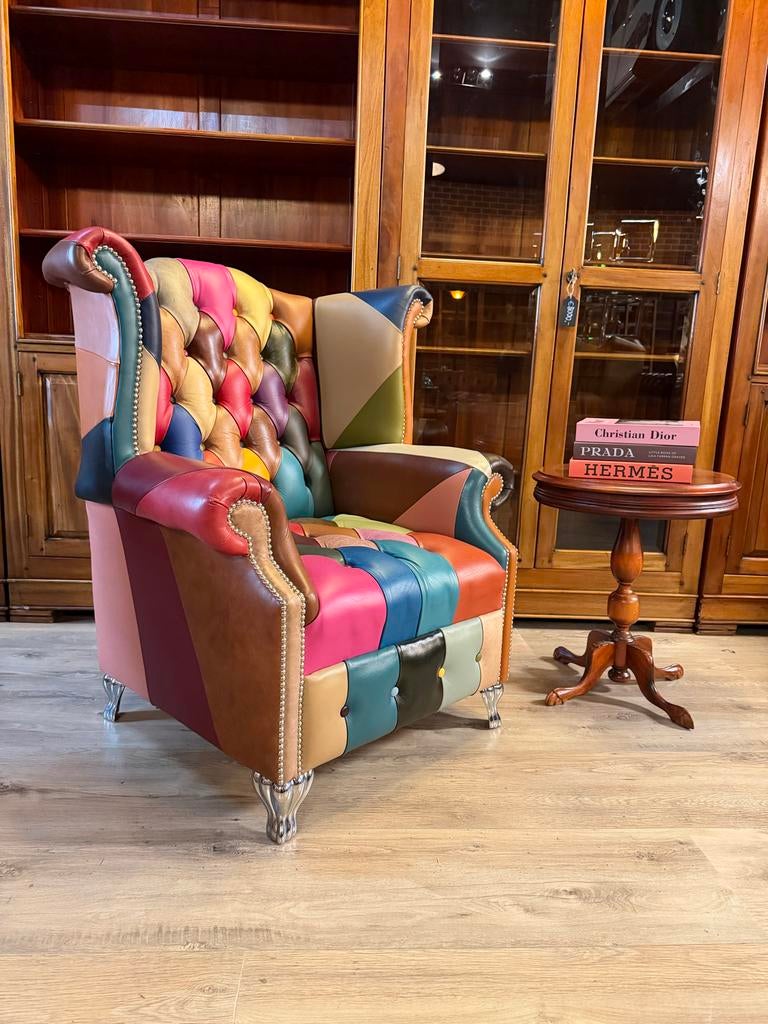 Delta Patchwork Fauteuil - Multicolor Buttonseat, Huis en Inrichting, Ophalen, Delta, Gosem engelsstraat 7, Orginele chesterfield