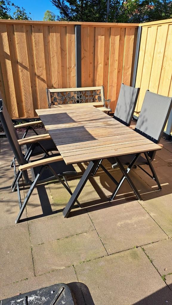 Tuintafel teakblad(183x90) en 4 verstelbare stoelen, Ophalen, 4 zitplaatsen, Gebruikt, Teakhout