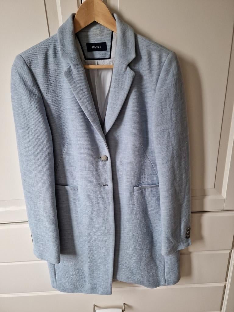 Purdey blazer zacht blauw, lang model, maat 38, linnenmix, Purdey, Verzenden
