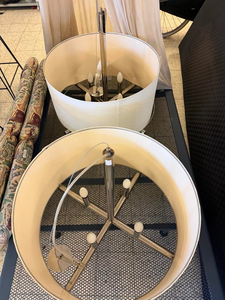 Moderne Hanglamp met Stoffen Kap - Wit/Metaal, Ophalen, Gebruikt, 50 tot 75 cm, Kingloop