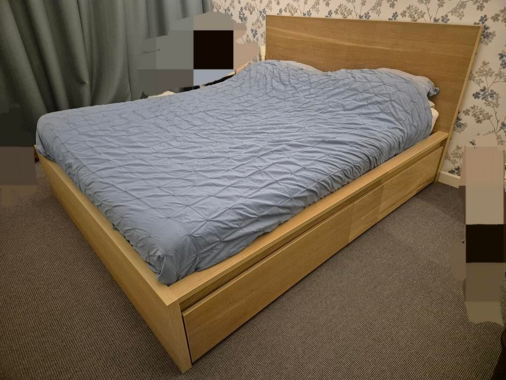 Ikea Malm beddenframe, wit gelazuurd eiken 160x200, Ophalen, Zo goed als nieuw, Tweepersoons