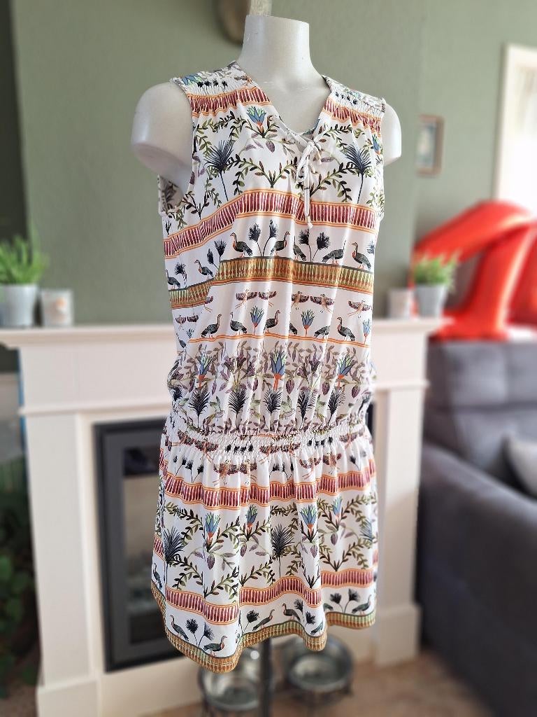 K-Design K Design vogel wit groen jurk L, K-design, Verzenden, Maat 42/44 (L), Zo goed als nieuw