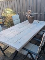 Houte tuintafel white wash + verstelbare stoelen met kussens, Tuin en Terras, Tuintafels, Ophalen, Gebruikt, Rechthoekig, Hout
