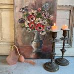 Kandelaars, parfumflesje, schilderij *tres jolie Duiven*, Verzenden, Koper of Brons