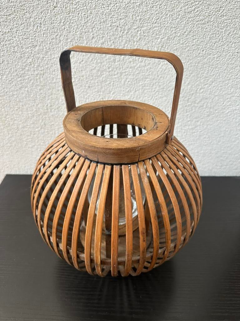 Bamboe lantaarn / windlicht - voor kaars/waxinelichtje, Ophalen of Verzenden, Zo goed als nieuw, Hout, 25 tot 50 cm