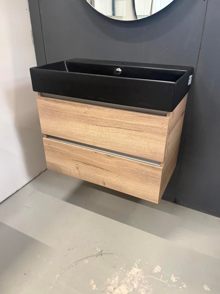Badkamermeubel 80cm -Natuur eiken- zwarte wastafel