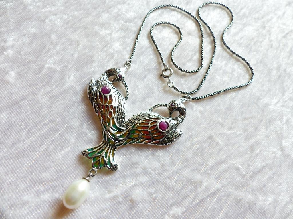 Prachtig Zilveren Tiffany Collier - 2 Pauwen met Robijntjes, Sieraden, Tassen en Uiterlijk, Antieke sieraden, Verzenden, Zilver
