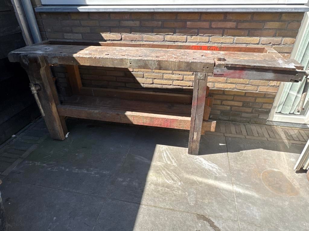 Robuuste houten werkbank met bankschroef, Ophalen, Gebruikt, 170 cm of meer, Bankschroef