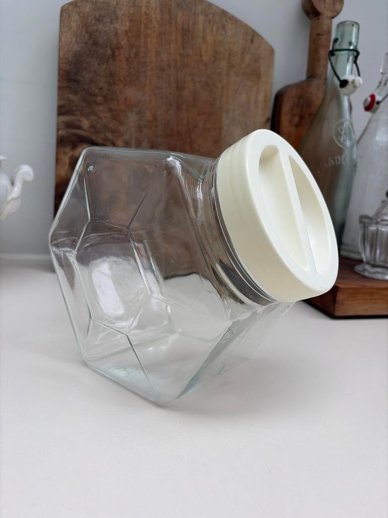 Vintage Borgonovo Glazen Snoeppot met Witte Deksel, Ophalen of Verzenden, Gebruikt