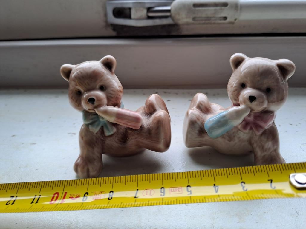 Vintage Porseleinen Beertjes met Flesjes - Roze & Blauw, Ophalen of Verzenden, Gebruikt, Dier