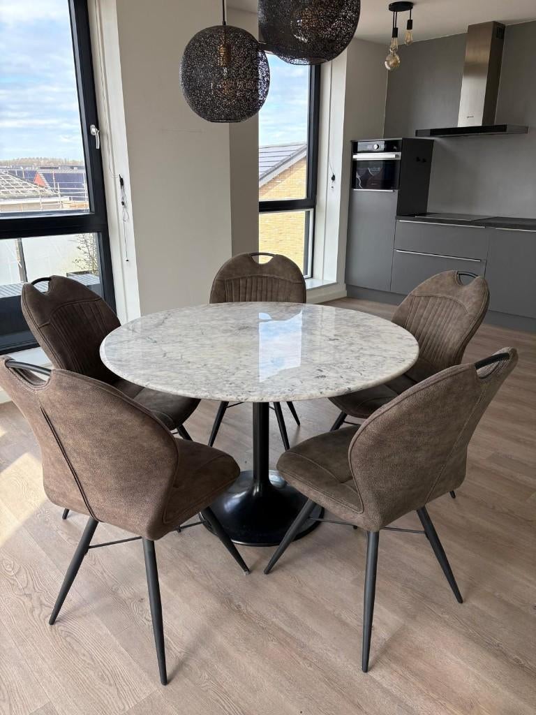 Marmeren ronde Eettafel + 5 Stoelen, Huis en Inrichting, Tafels | Eettafels, Ophalen, Overige materialen, Marmer, Rond