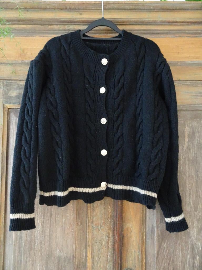 Zwart kabelvest vest beige bies goud kleurige knopen mt M, Ophalen of Verzenden, Zo goed als nieuw, Maat 38/40 (M), Zwart