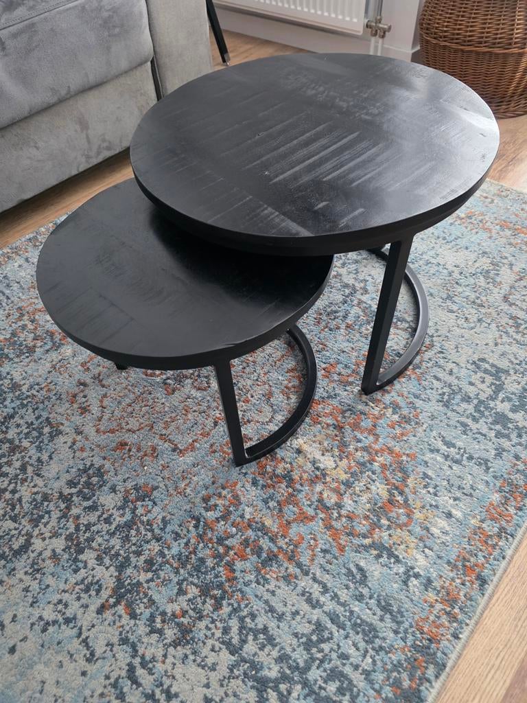 Set van 2 ronde salontafels, zwart met houtlook, Huis en Inrichting, Tafels | Salontafels, Ophalen, Gebruikt, Rond, 50 tot 100 cm
