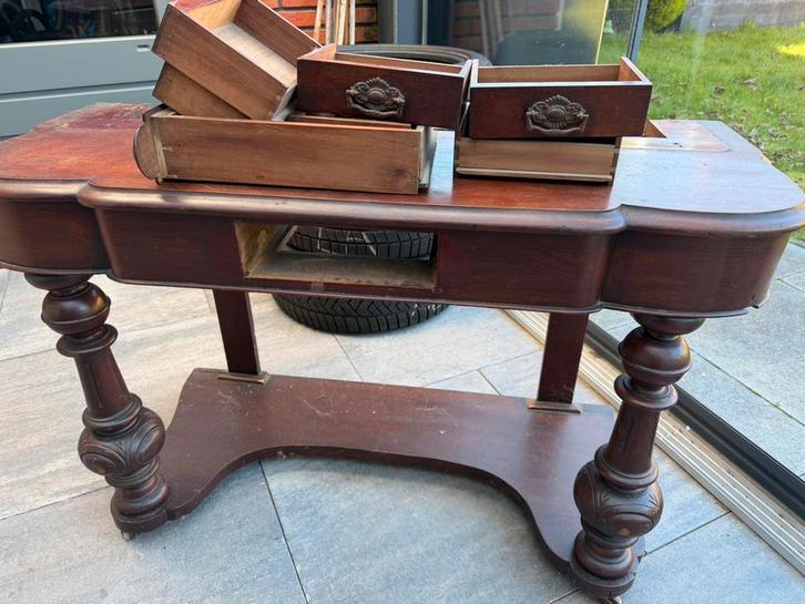 Antieke houten kaptafel met speigel op wieltjes, Huis en Inrichting, Tafels | Kaptafels, Gebruikt, Minder dan 100 cm, 50 tot 100 cm