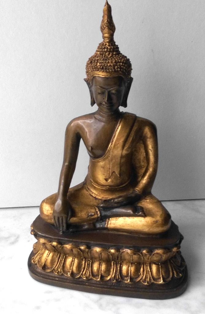 Oud bronzen Boeddha beeld  bladgoud vergulding ., Antiek en Kunst, Ophalen