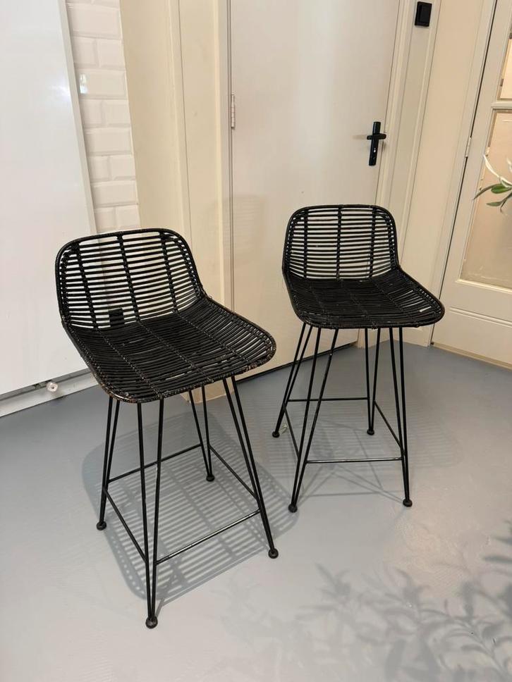 Rotan HK Living barkrukken zwart, Huis en Inrichting, Barkrukken, Gebruikt, 60 tot 90 cm, 2 krukken, Met voetsteun, Ophalen