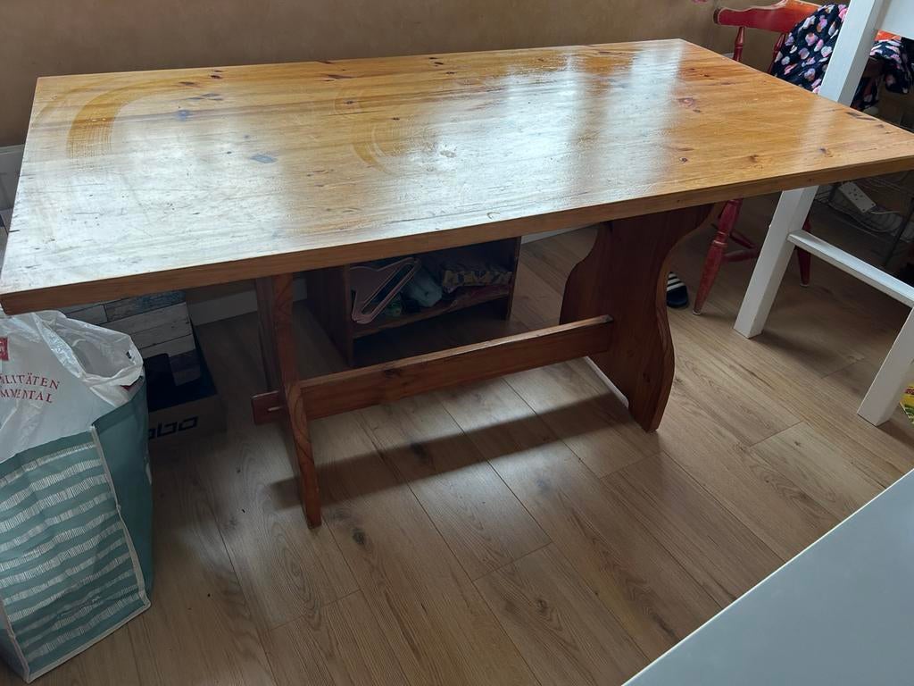 Houten tafel en 2 houten bankjes, Ophalen, Gebruikt