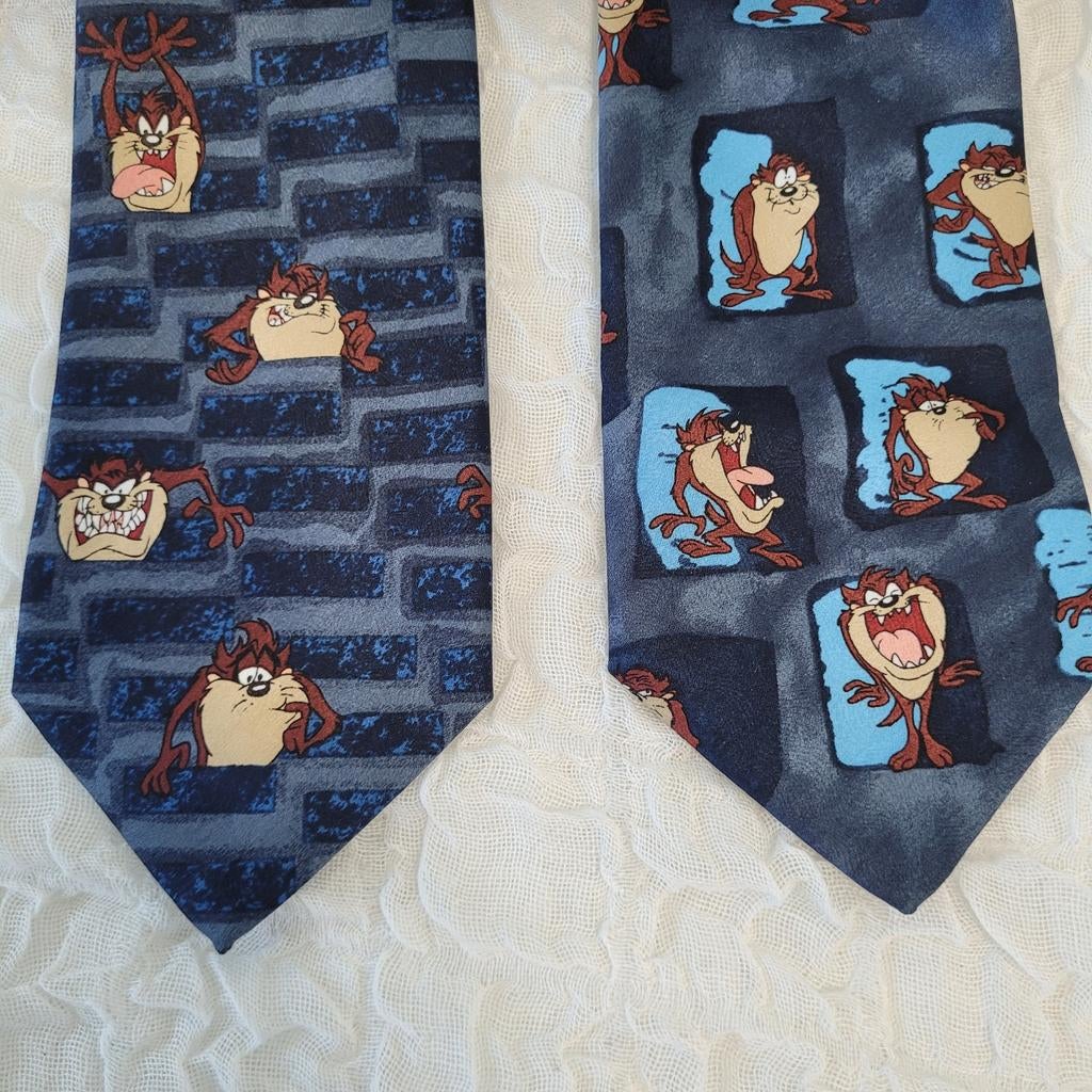 Looney Tunes stropdas x2 1998 Tasmanian Devil Warner Bros, Blauw, Ophalen of Verzenden, Zo goed als nieuw, Met patroon